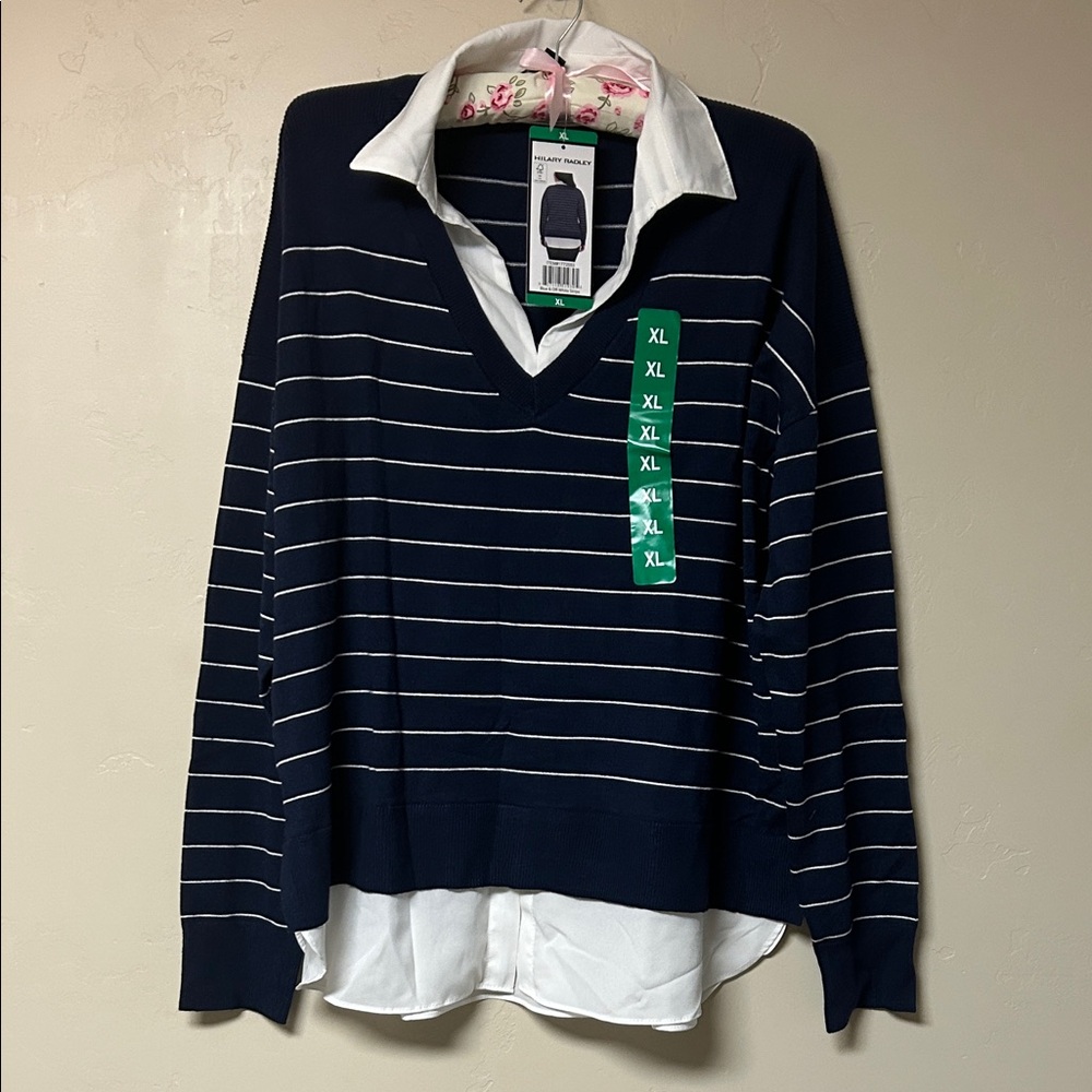 Hilary Radley Navy and White Striped V-Neck Sweater with Shirt Collar